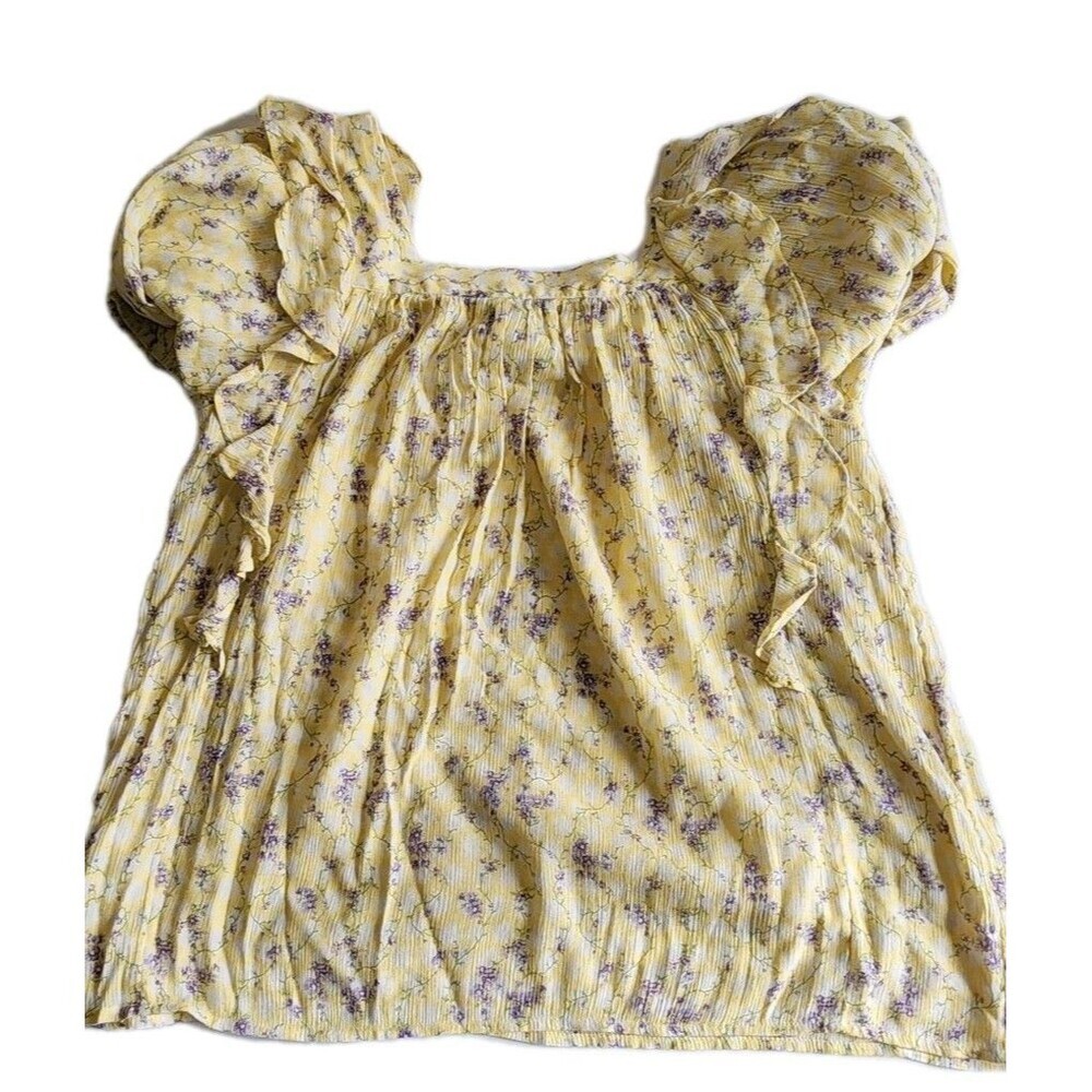 Chaps Womens Squareneck Ruffle Top Blouse Yellow Lilac Floral Gauze Size S - Picture 8 of 8